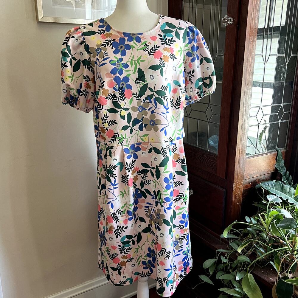 Eloquii Floral Scuba Puff Sleeve Fit Flare Dress Pink Size 16 NWT - Picture 2 of 16
